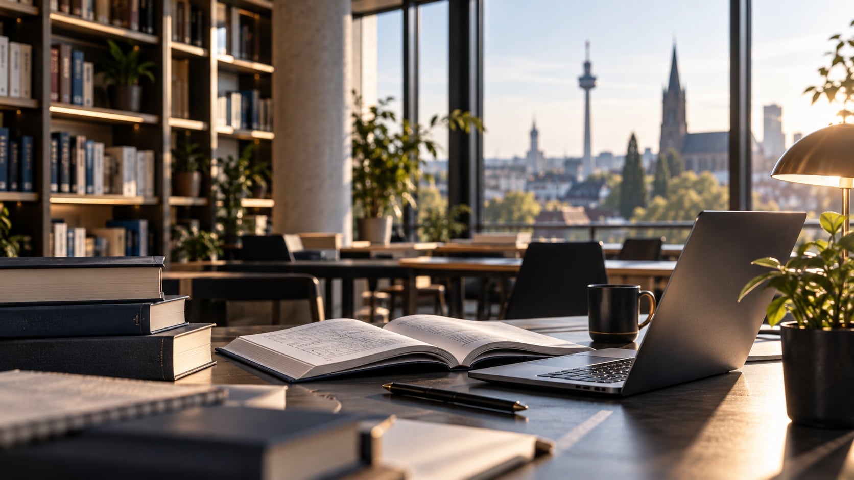 Bücher und ein Lesetisch am Fenster